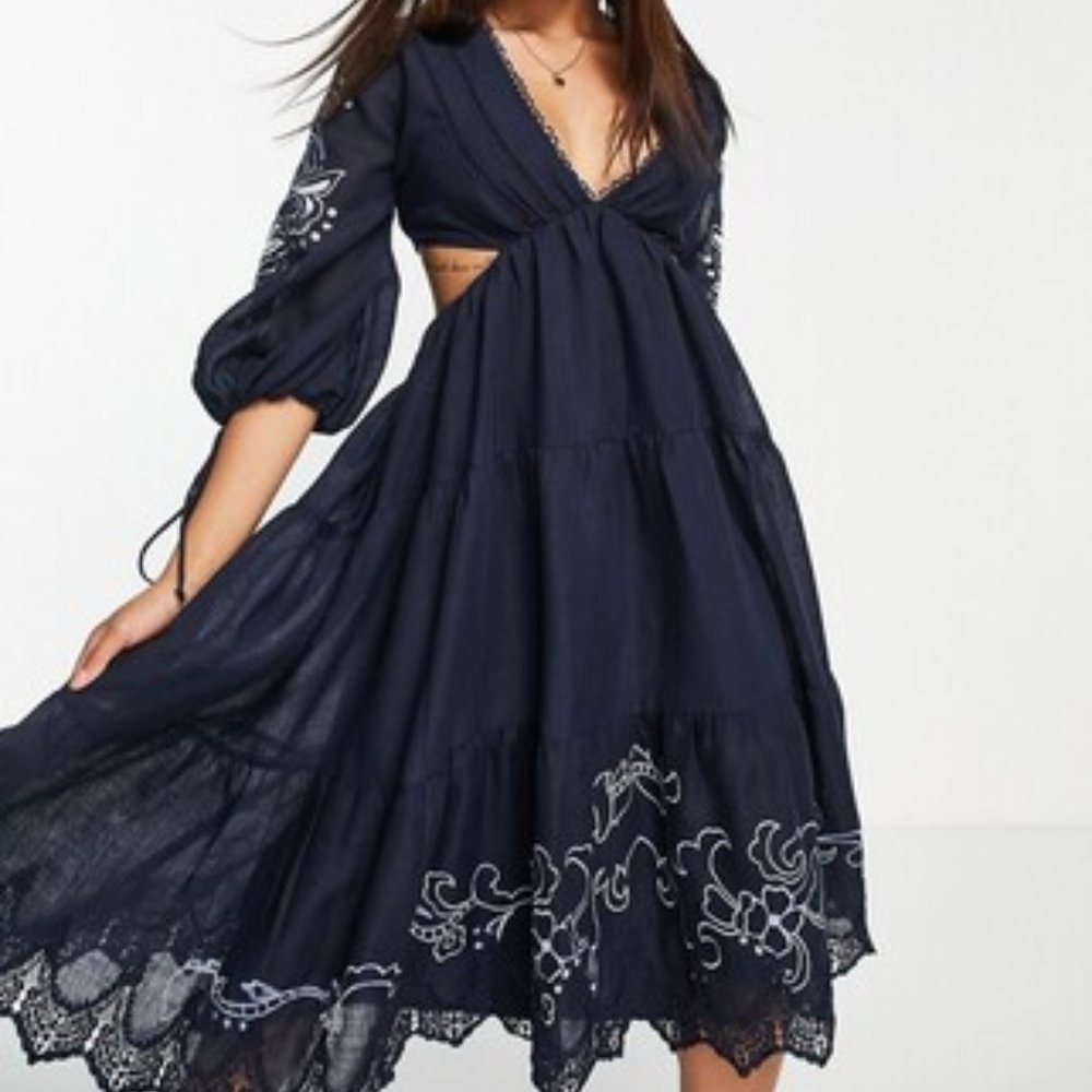 ASOS Navy Blue Embroidered Midi Dress